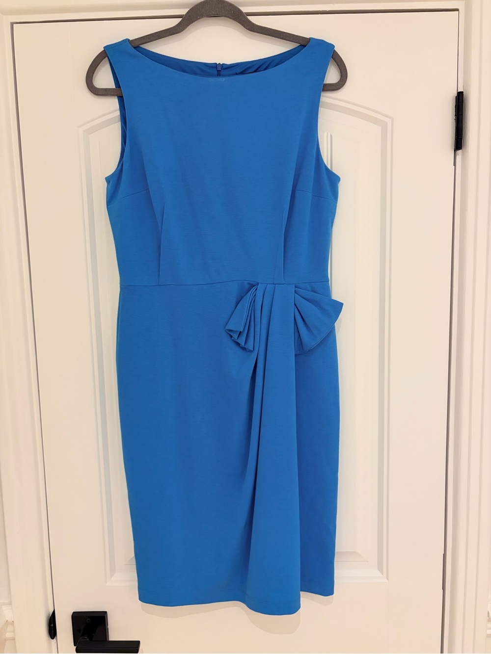 David Meister Bright Blue Sleeveless Sheath Dress with Side Draped Bow
